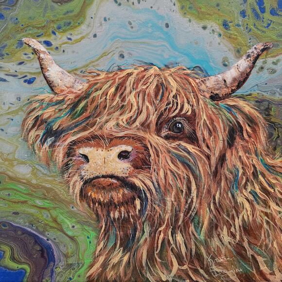 Art Print from my Original Work 12" x 12" "Highland Cow Psychedelic" Acid Free - Picture 1 of 1